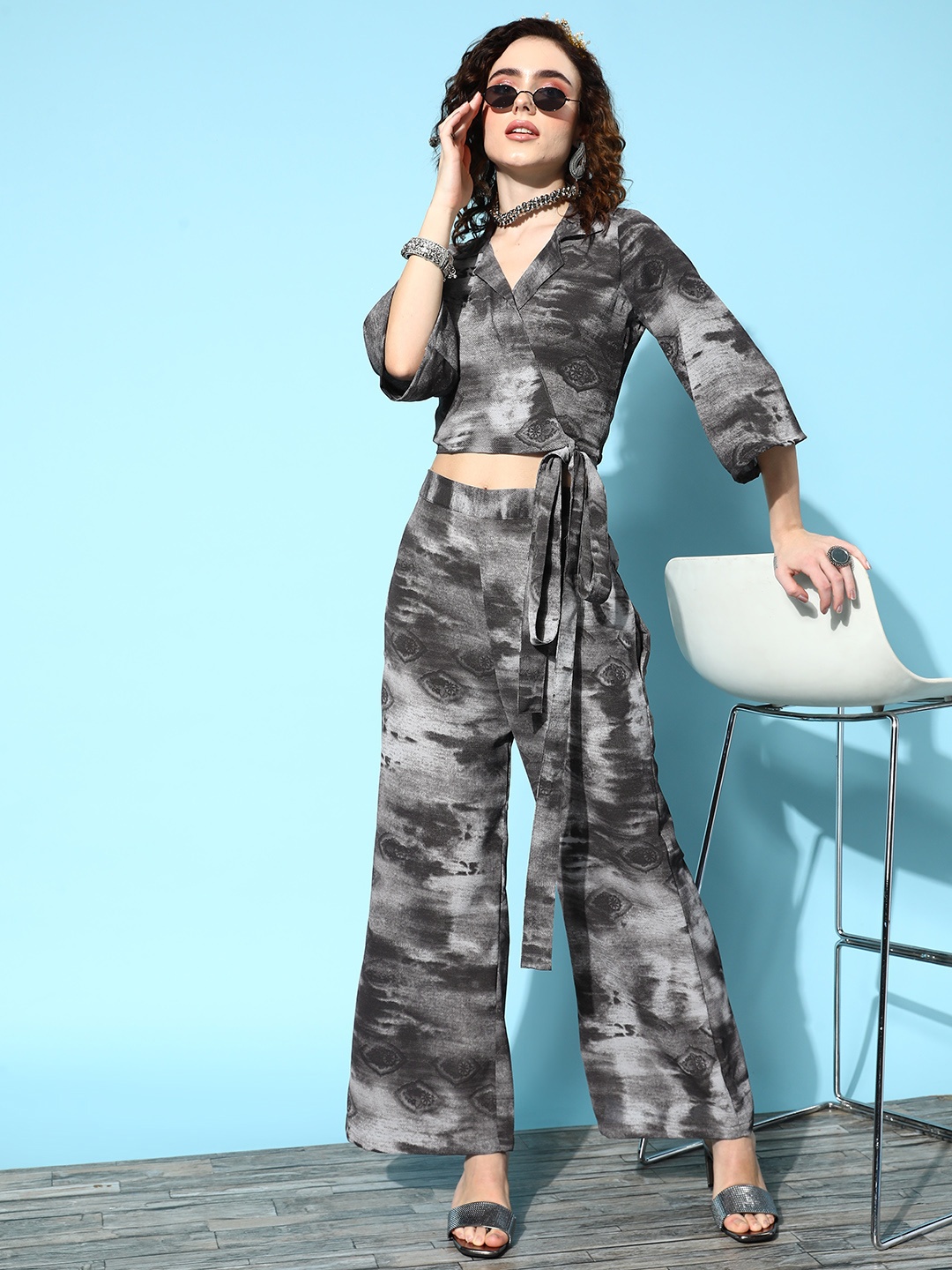 

Ishin Women Black & Grey Poly Georgette Printed Top With Palazzo