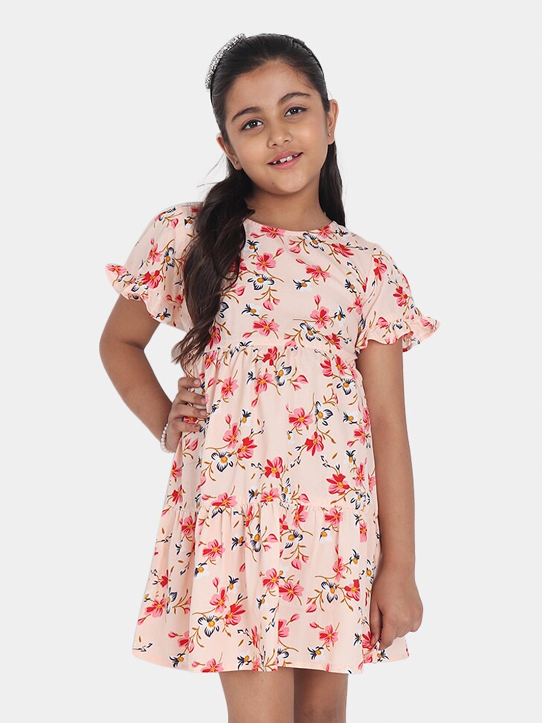 

YK Girl's Peach-Coloured Floral Crepe A-Line Tiered Dress