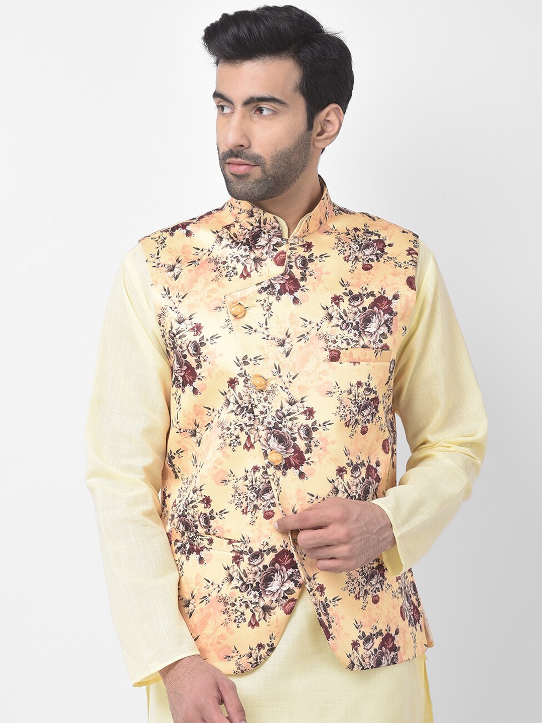 

SG LEMAN Men Orange & Yellow Floral Printed Nehru Jacket