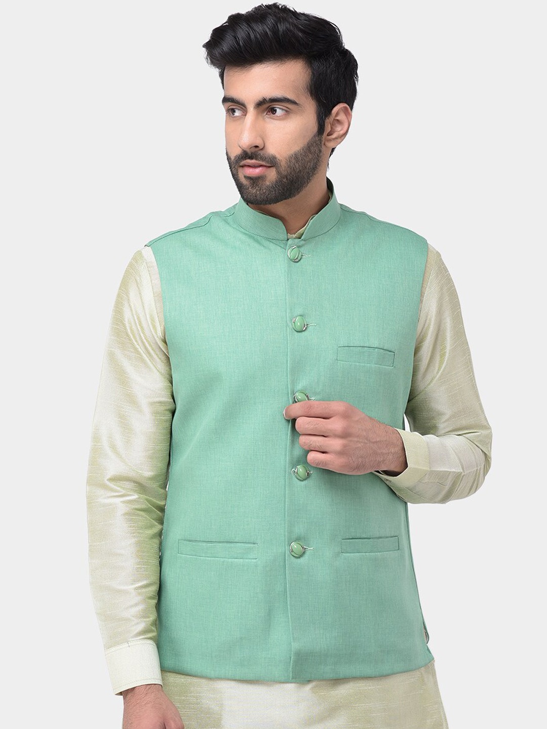 

SG LEMAN Men Pure cotton Green Solid Nehru Jacket