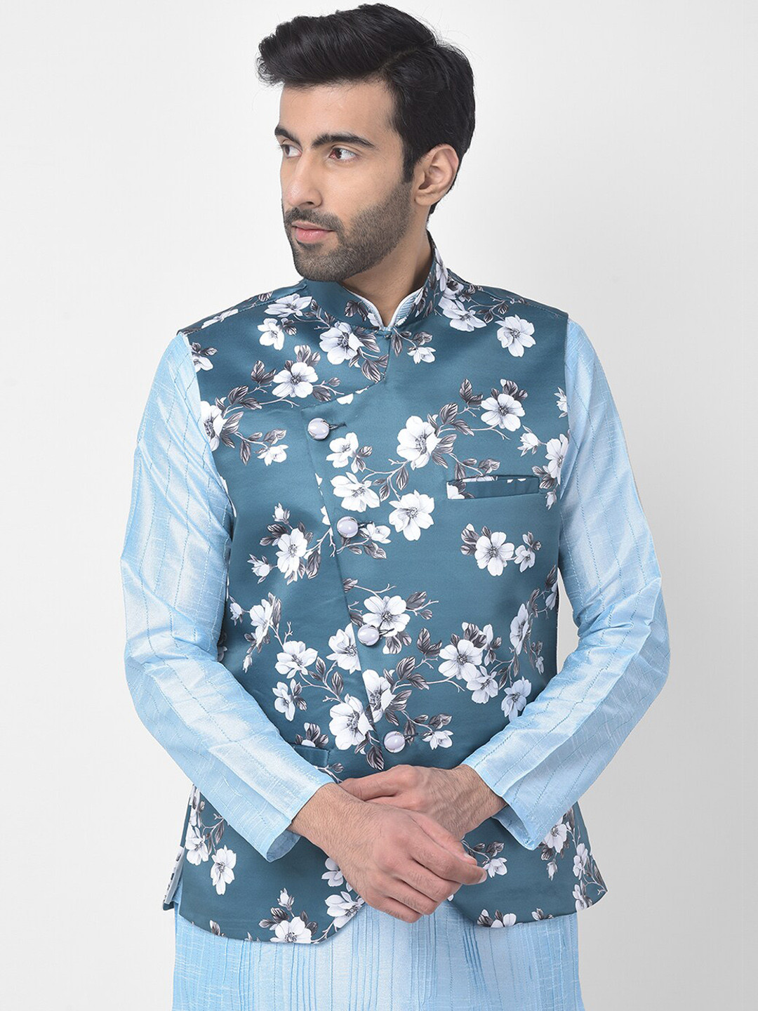 

SG LEMAN Men Turquoise Blue Floral Printed Nehru Jacket
