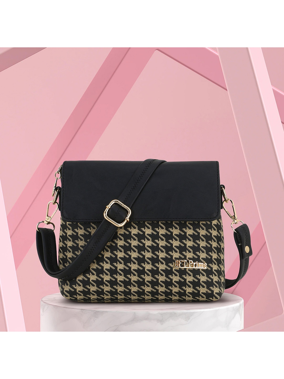 

WOMEN MARKS Black Geometric Printed PU Structured Sling Bag
