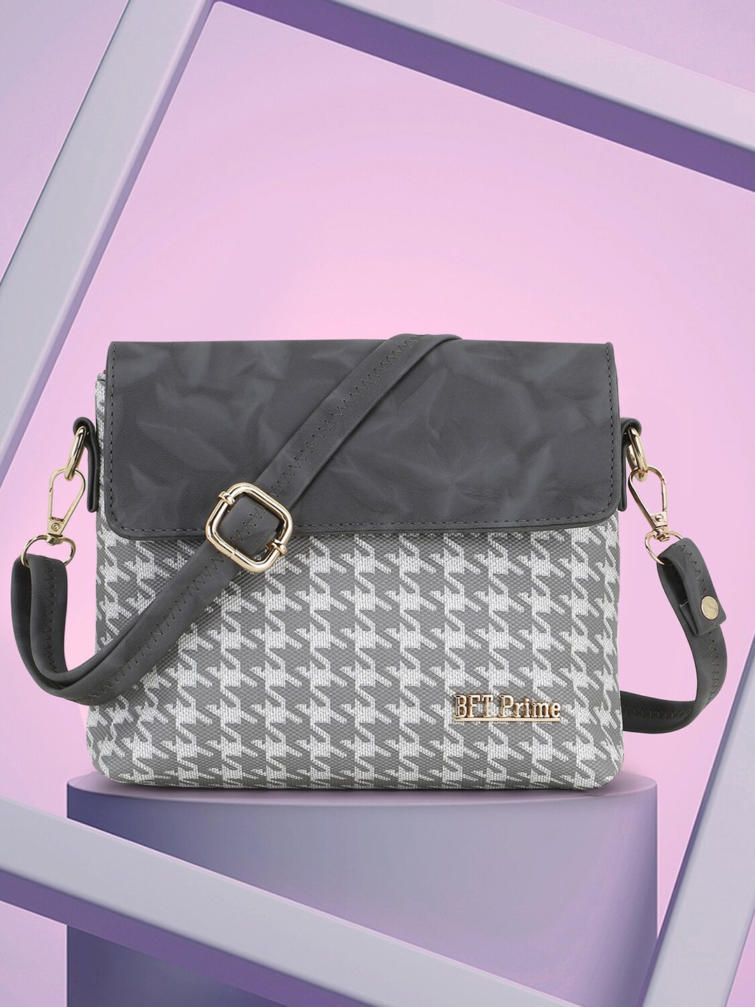 

WOMEN MARKS Grey Melange Geometric Printed Structured Sling Bag
