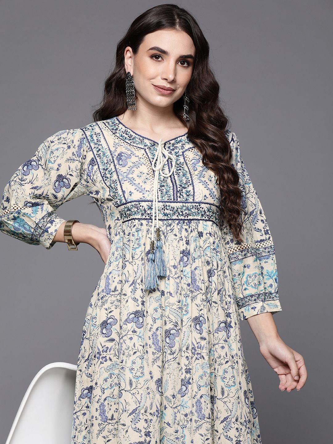

Indo Era Blue Floral Embroidered Tie-Up Neck Ethnic A-Line Midi Dress