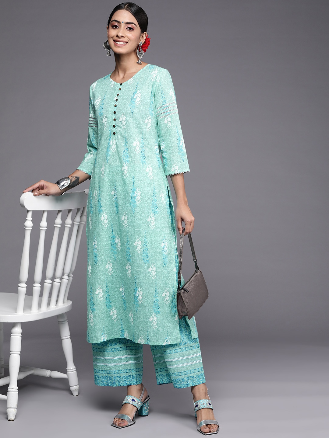 

Indo Era Women Sea Green Floral Printed Kurta with Palazzos