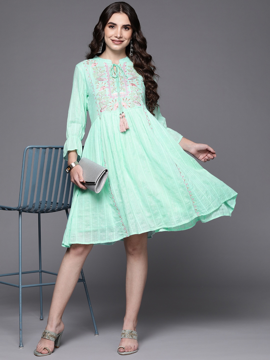 

Indo Era Turquoise Blue Floral Embroidered Tie-Up Neck Ethnic A-Line Dress