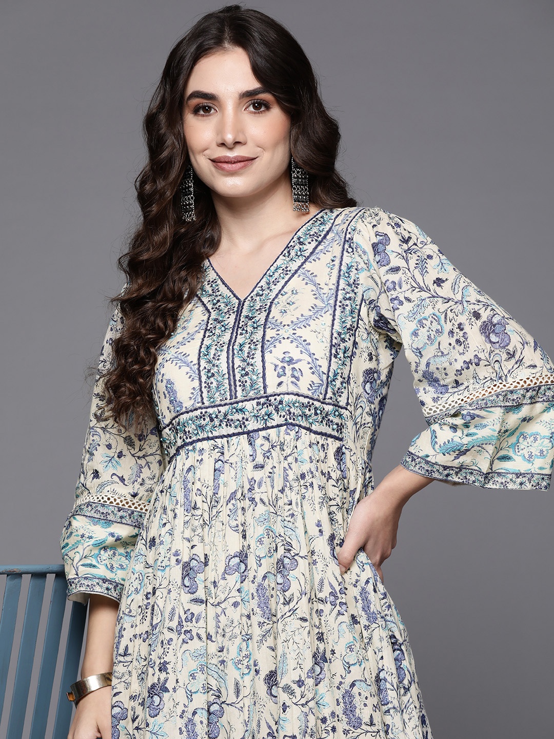 

Indo Era Blue & Beige Floral Embroidered Ethnic A-Line Midi Ethnic Dress