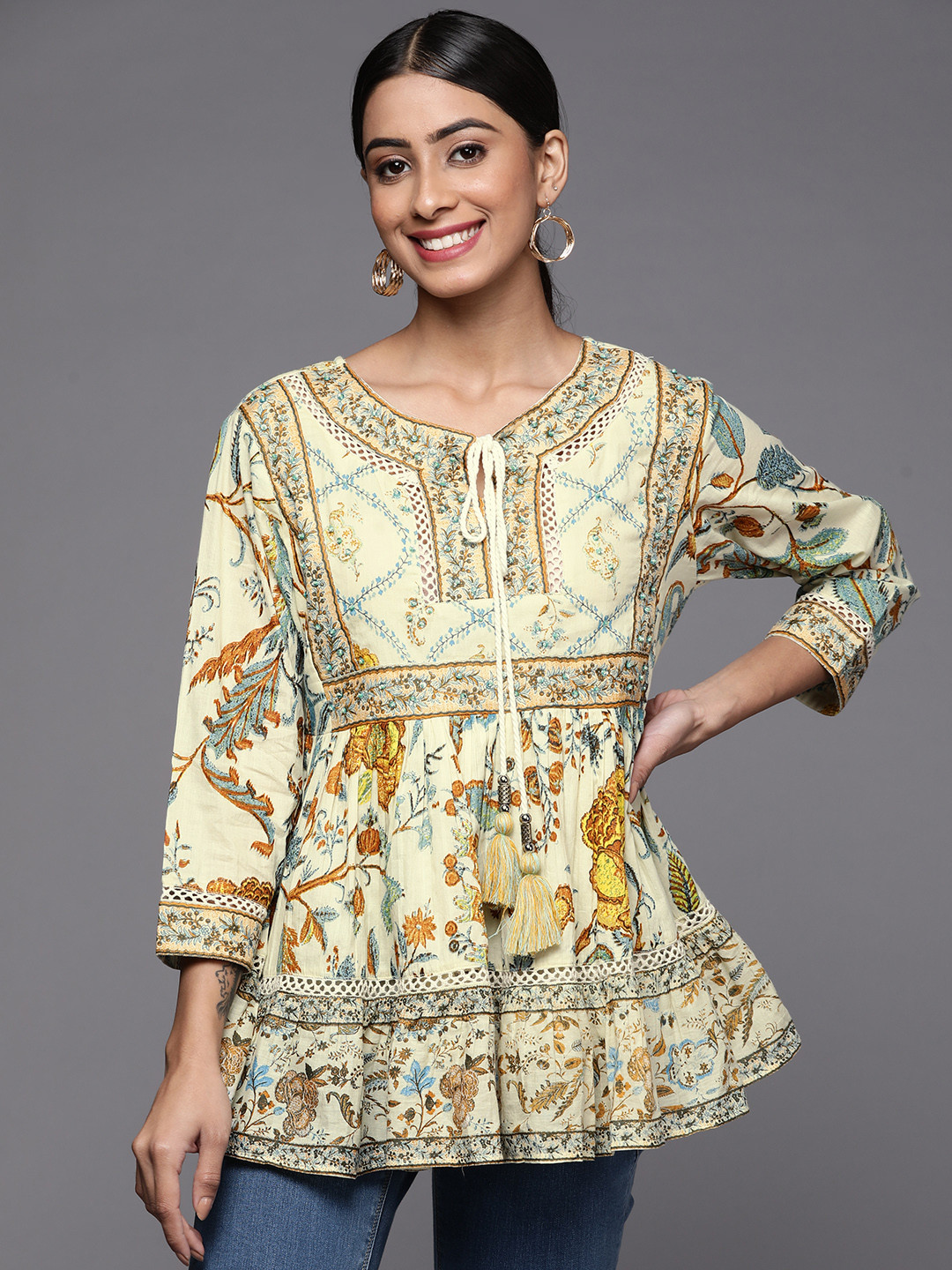 

Indo Era Woman Multicoloured Floral Embroidered Tie-Up Neck Top, Multi