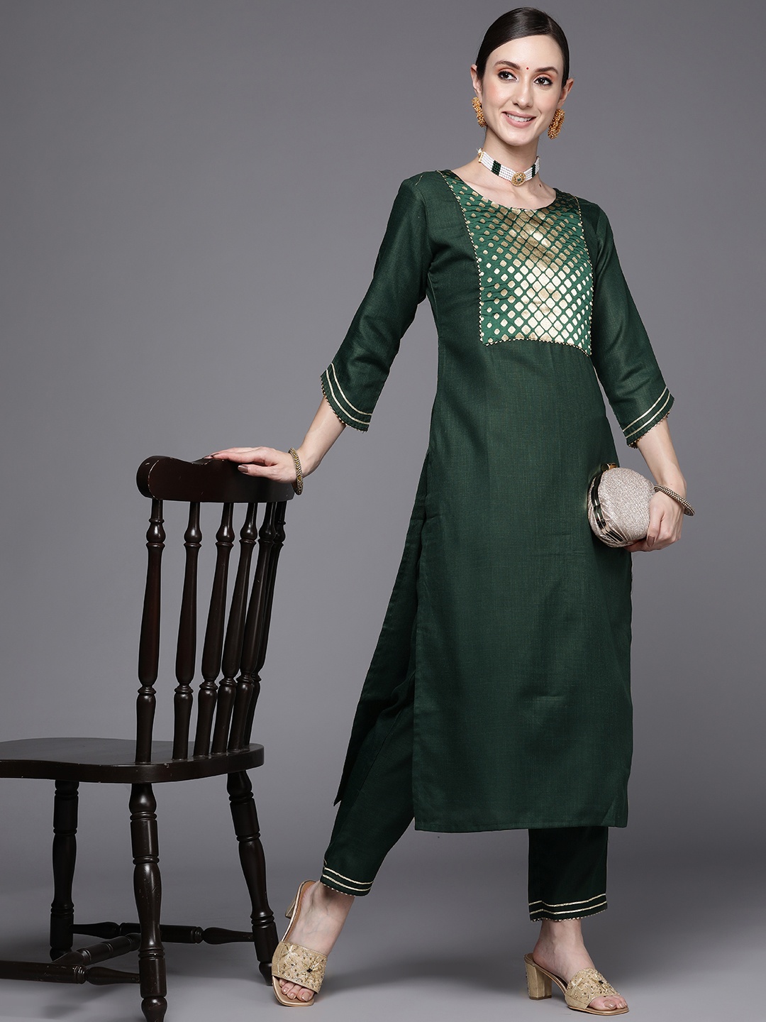 

Indo Era Women Green Yoke Design Patchwork Kurta with Trousers