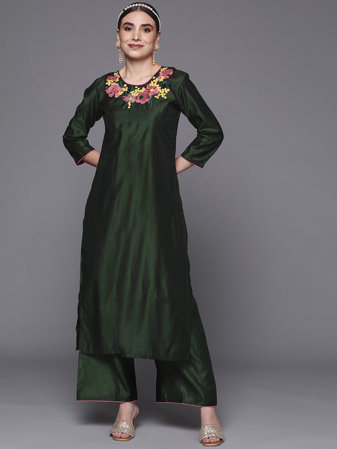 

Indo Era Women Green Floral Embroidered Thread Work Liva Kurta with Palazzos