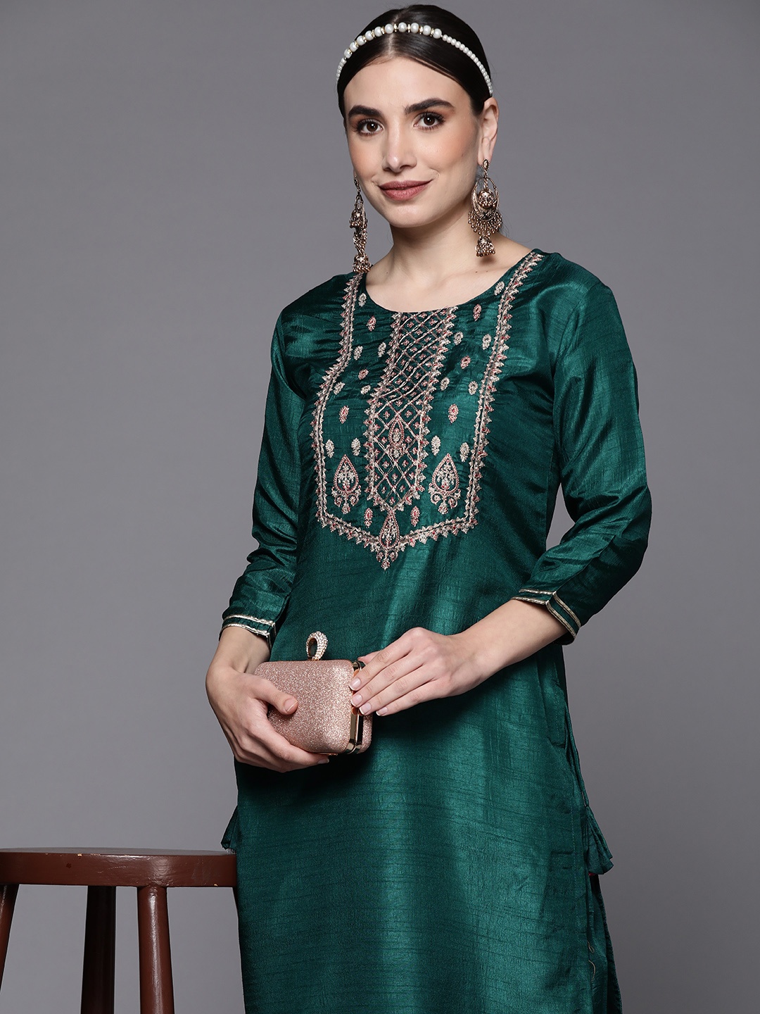 

Indo Era Women Green Ethnic Motifs Yoke Design Kurta with Palazzos