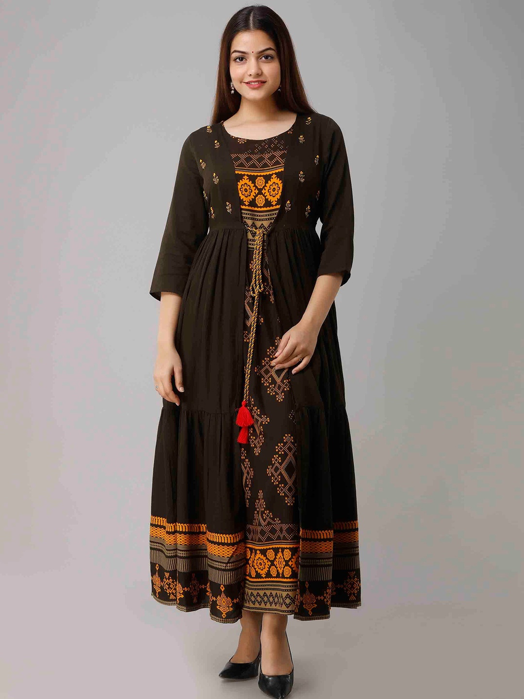 

KALINI Women Brown & Orange Ethnic Motifs Printed Anarkali Kurta
