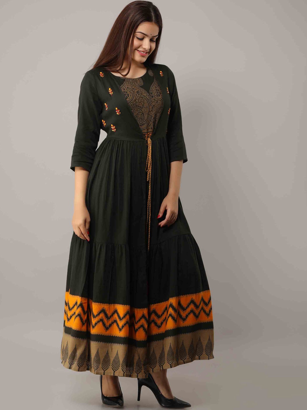 

KALINI Women Green & Orange Floral Printed Anarkali Kurta