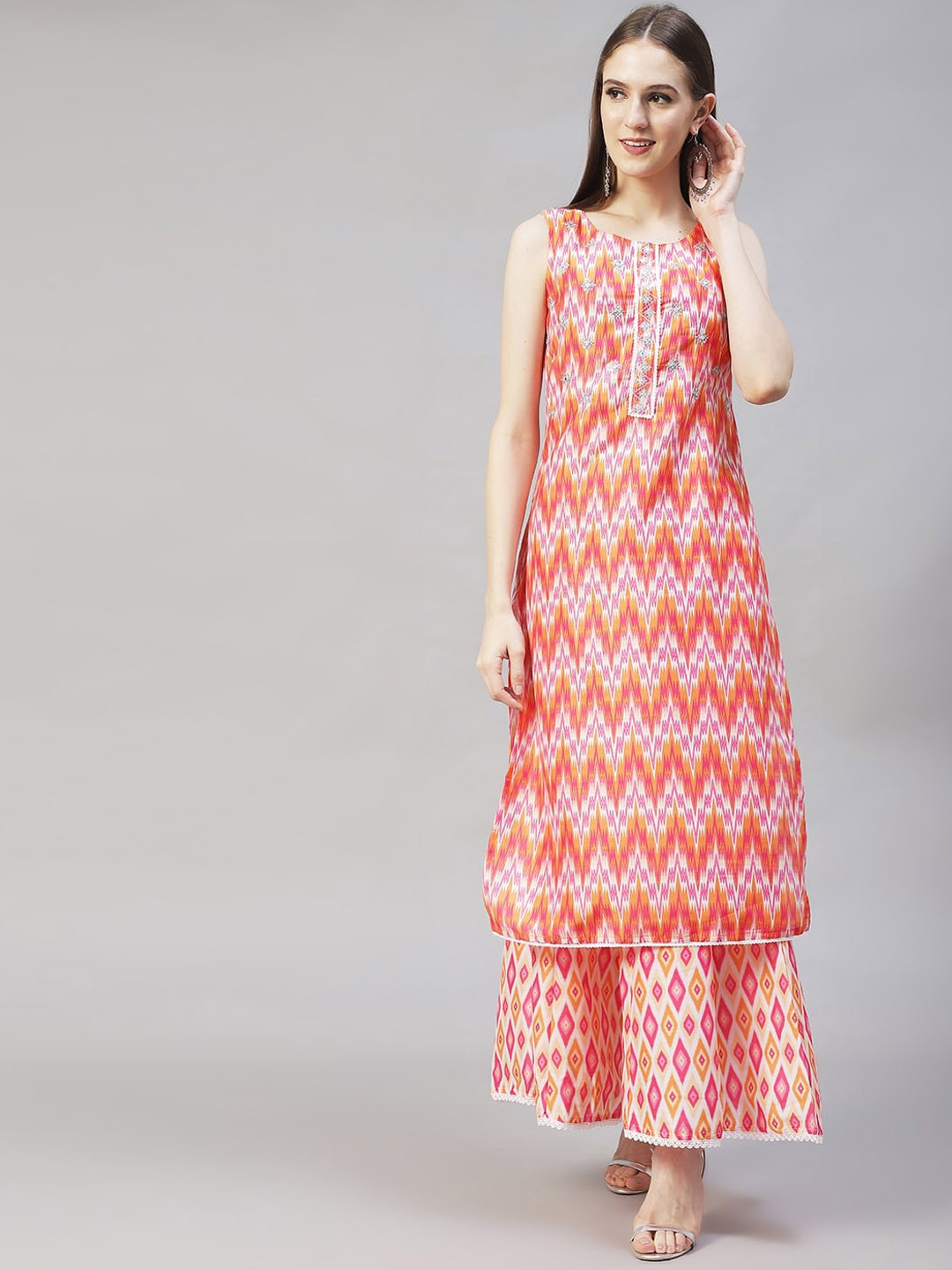 

FASHOR Women Orange Embroidered Mirror Work Pure Cotton Kurta with Sharara
