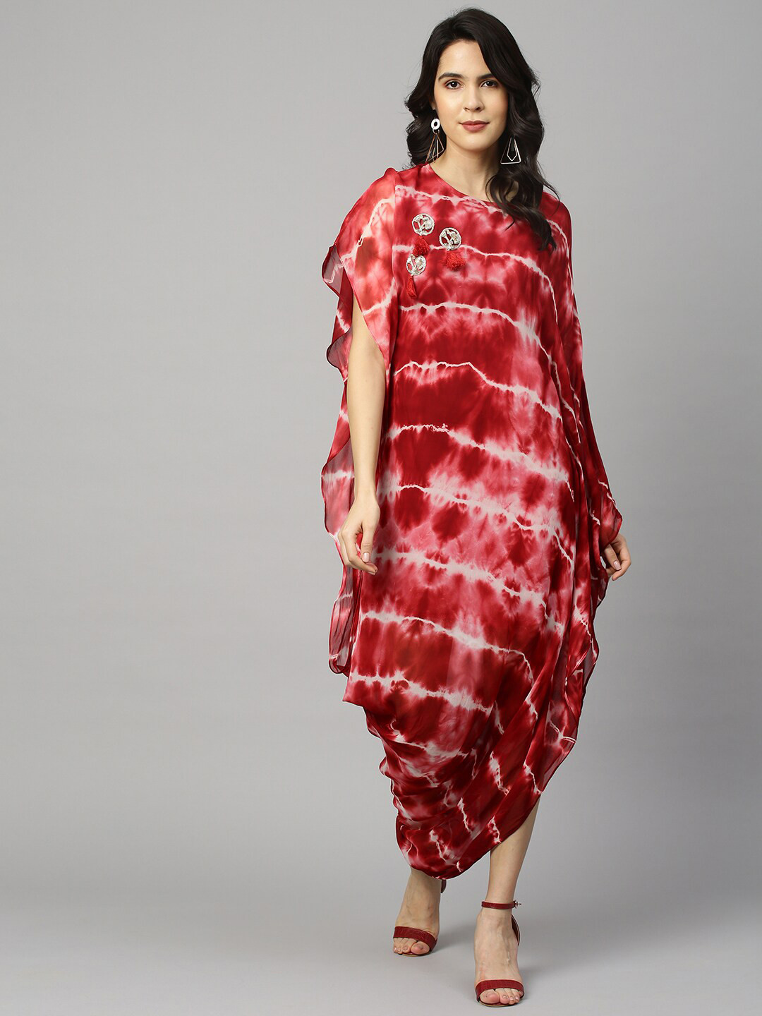 

FASHOR Red Tie and Dye Georgette Kaftan Maxi Dress