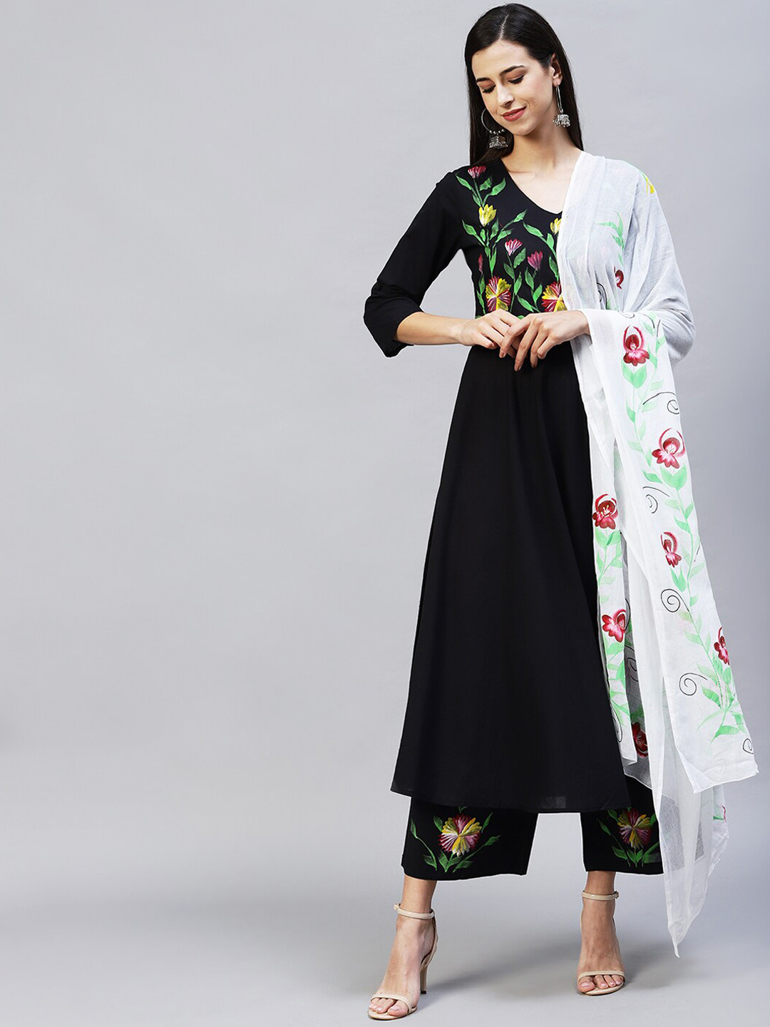 

FASHOR Women Black Embroidered Layered Pure Cotton Kurti with Palazzos & With Dupatta