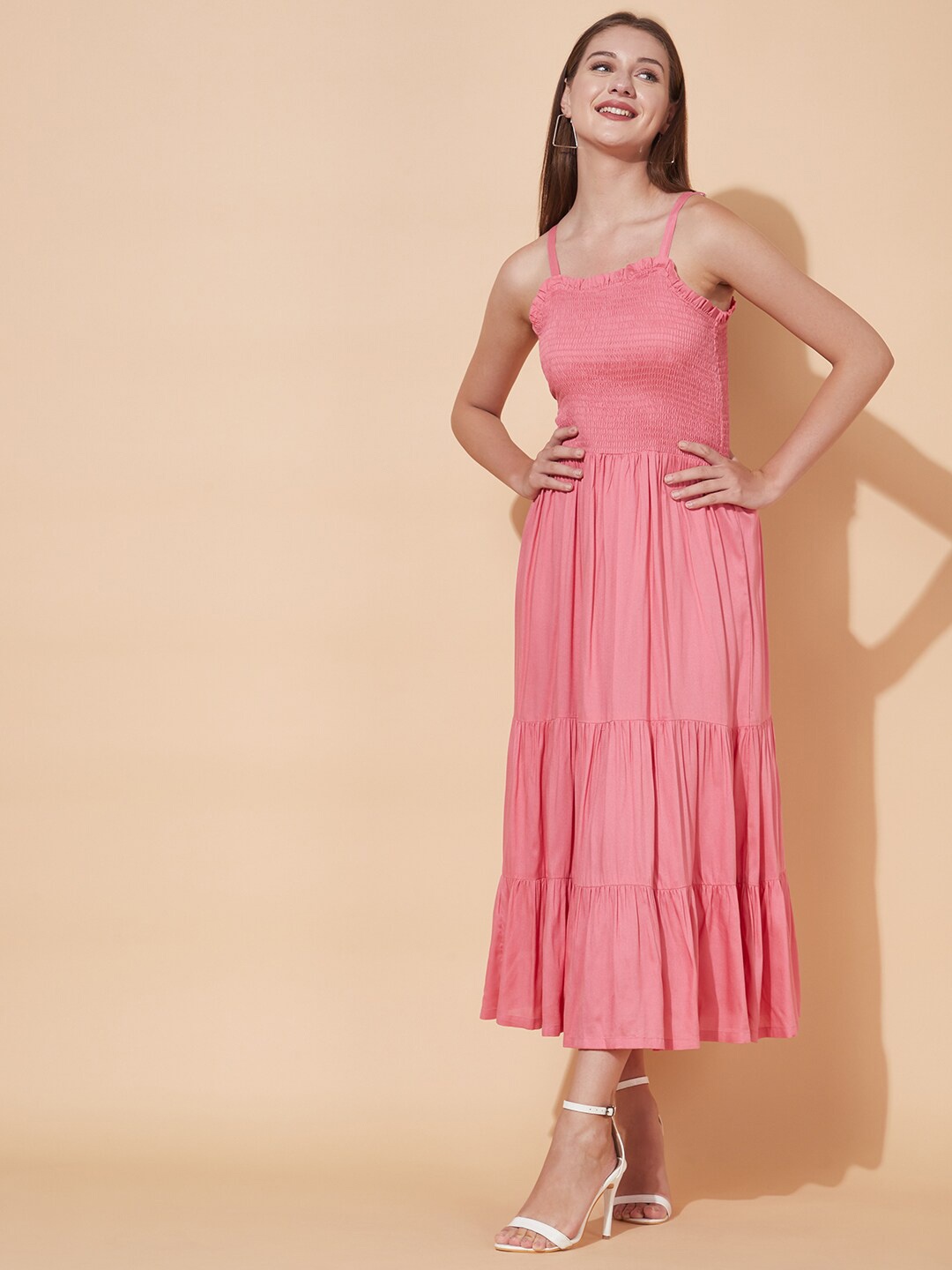 

FASHOR Pink Solid Smocked Tiered Flared Midi Dress