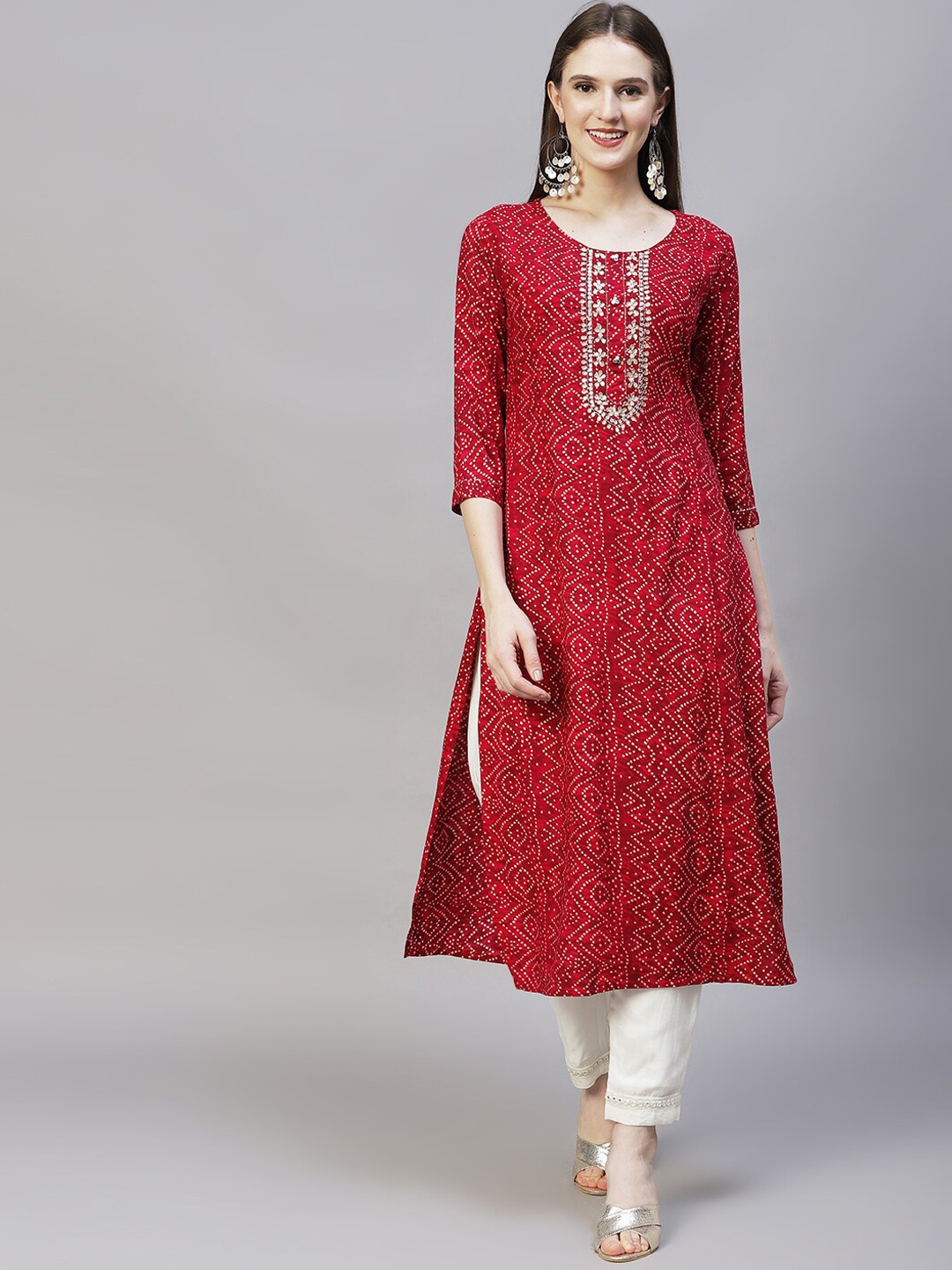 

FASHOR Women Magenta & White Bandhani Printed Keyhole Neck Kurta