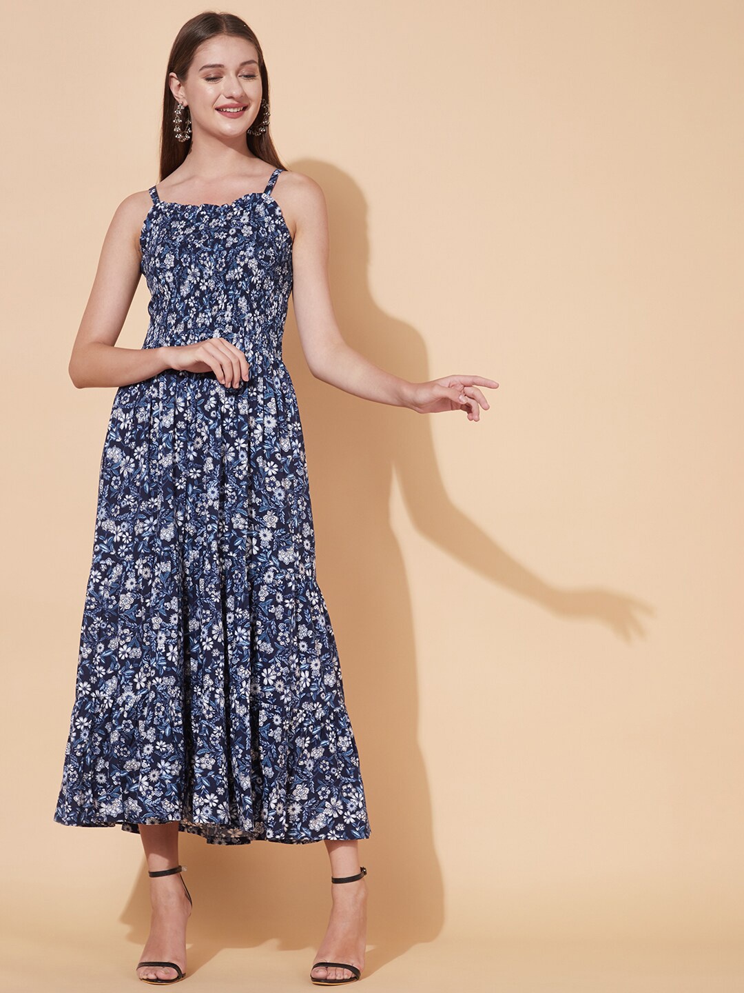 

FASHOR Blue Floral Printed A-Line Maxi Dress