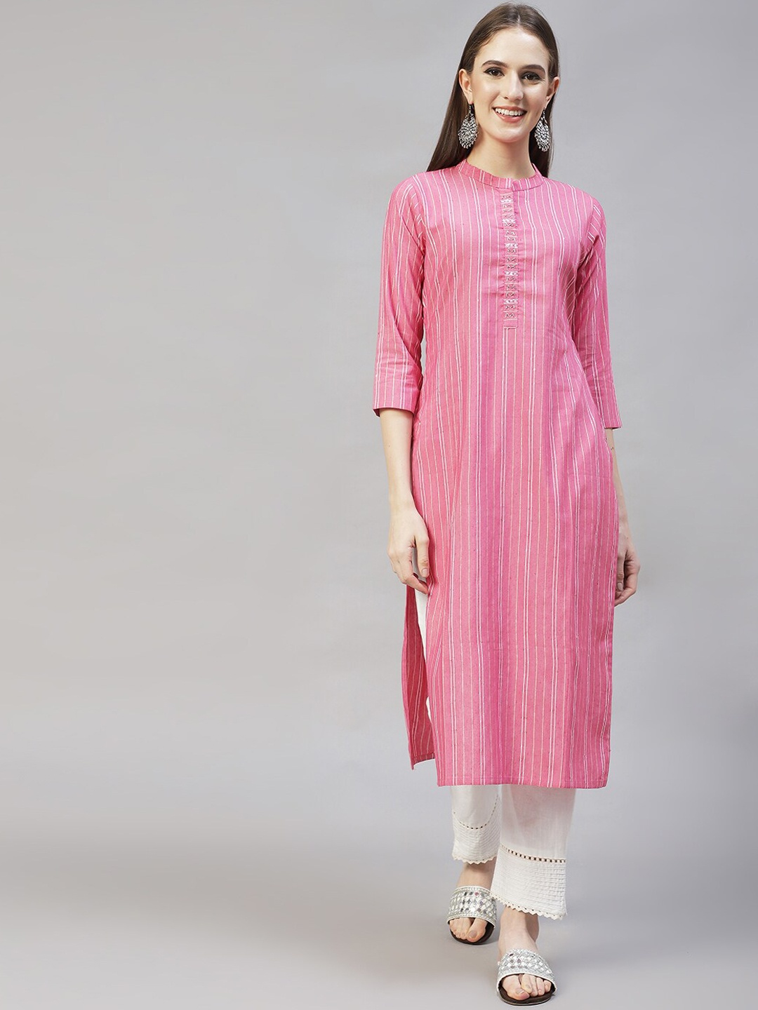 

FASHOR Women Pink & White Striped Straight Fit Cotton Kurta