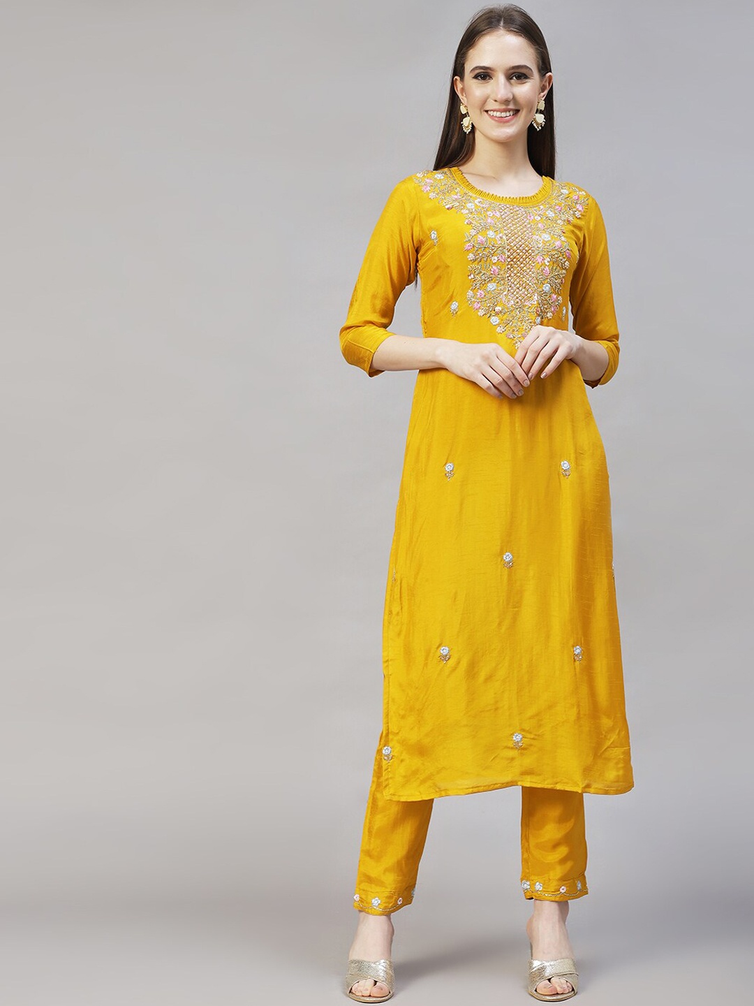 

FASHOR Women Yellow Embroidered Kurta with Trousers