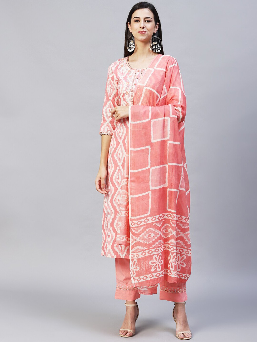 

FASHOR Women Peach-Coloured Ethnic Motifs Panelled Mirror Work Pure Cotton Kurta with Trousers & With Dupatta