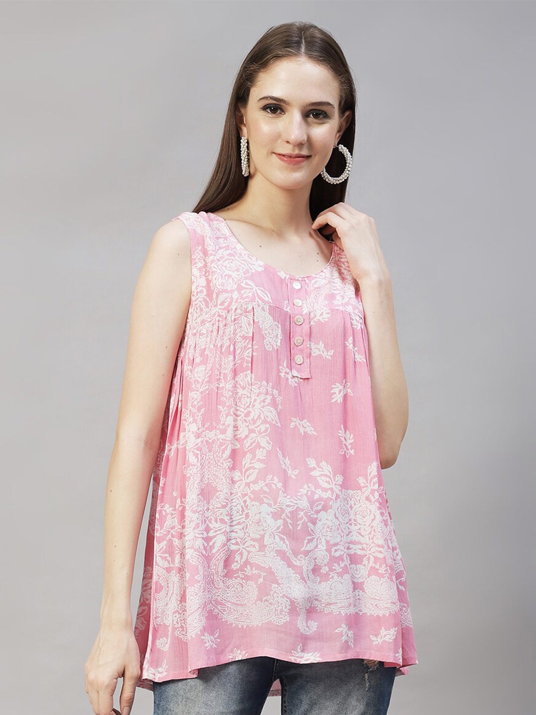 

FASHOR Pink & White Floral Printed Kurti