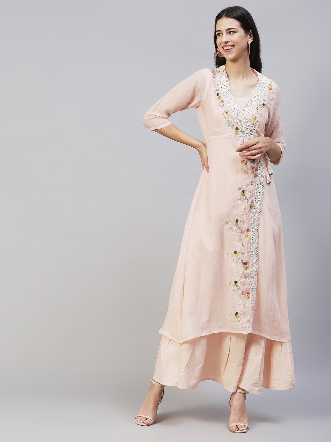 

FASHOR Peach-Coloured Floral Hand Embroidered A- Line Flared Jacket with Dress