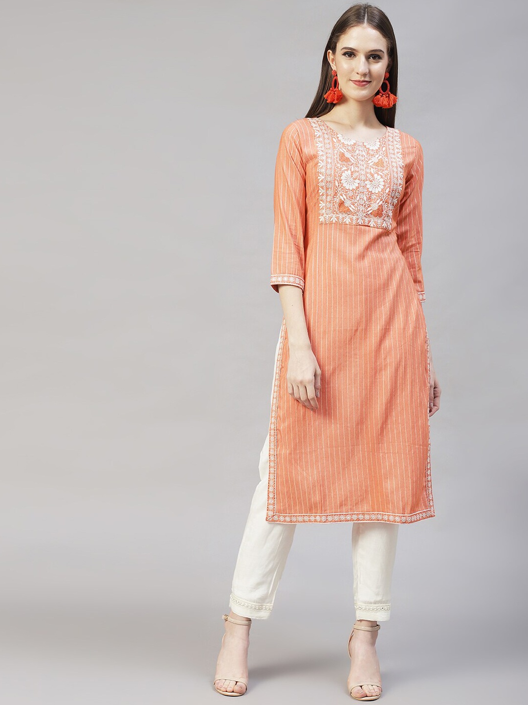 

FASHOR Women Orange Striped Patchwork Kurta