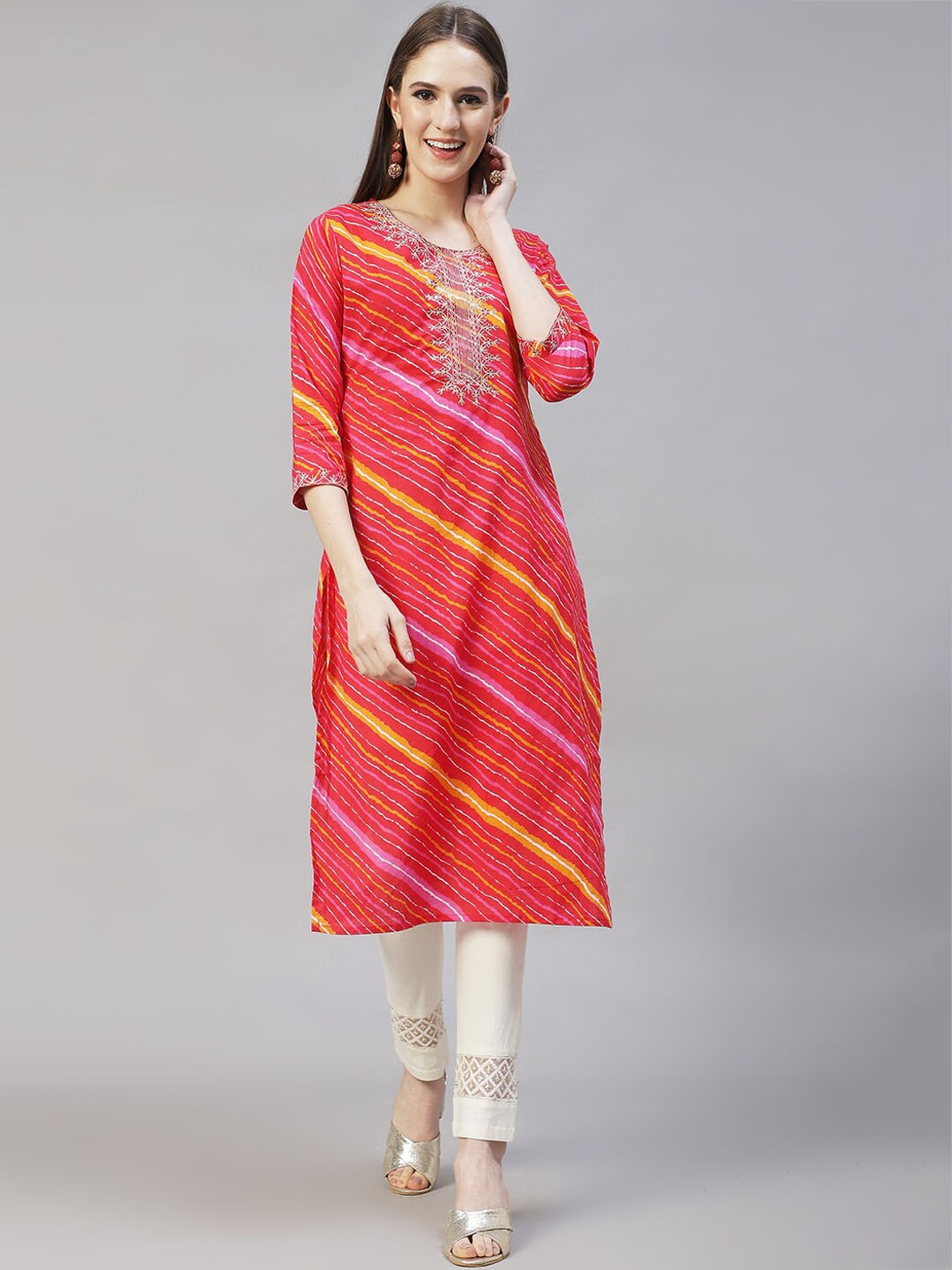

FASHOR Women Red & Yellow Leheriya Embroidered Straight Kurta