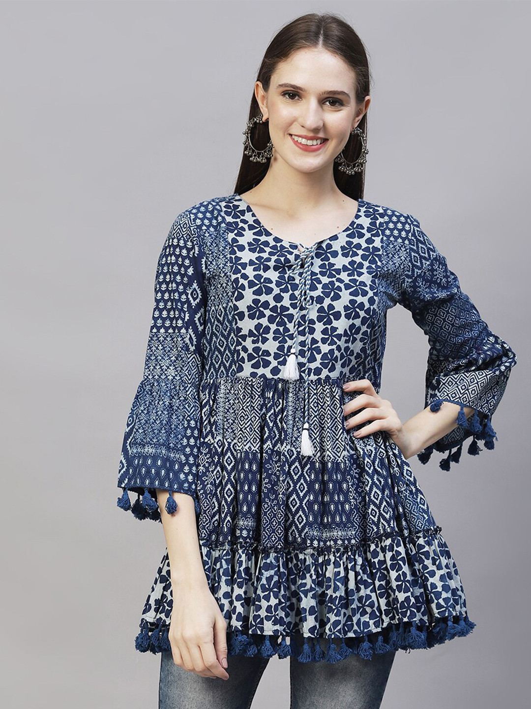 

FASHOR Blue & White Ethnic Motifs Printed Pure Cotton Tiered Anarkali Kurti