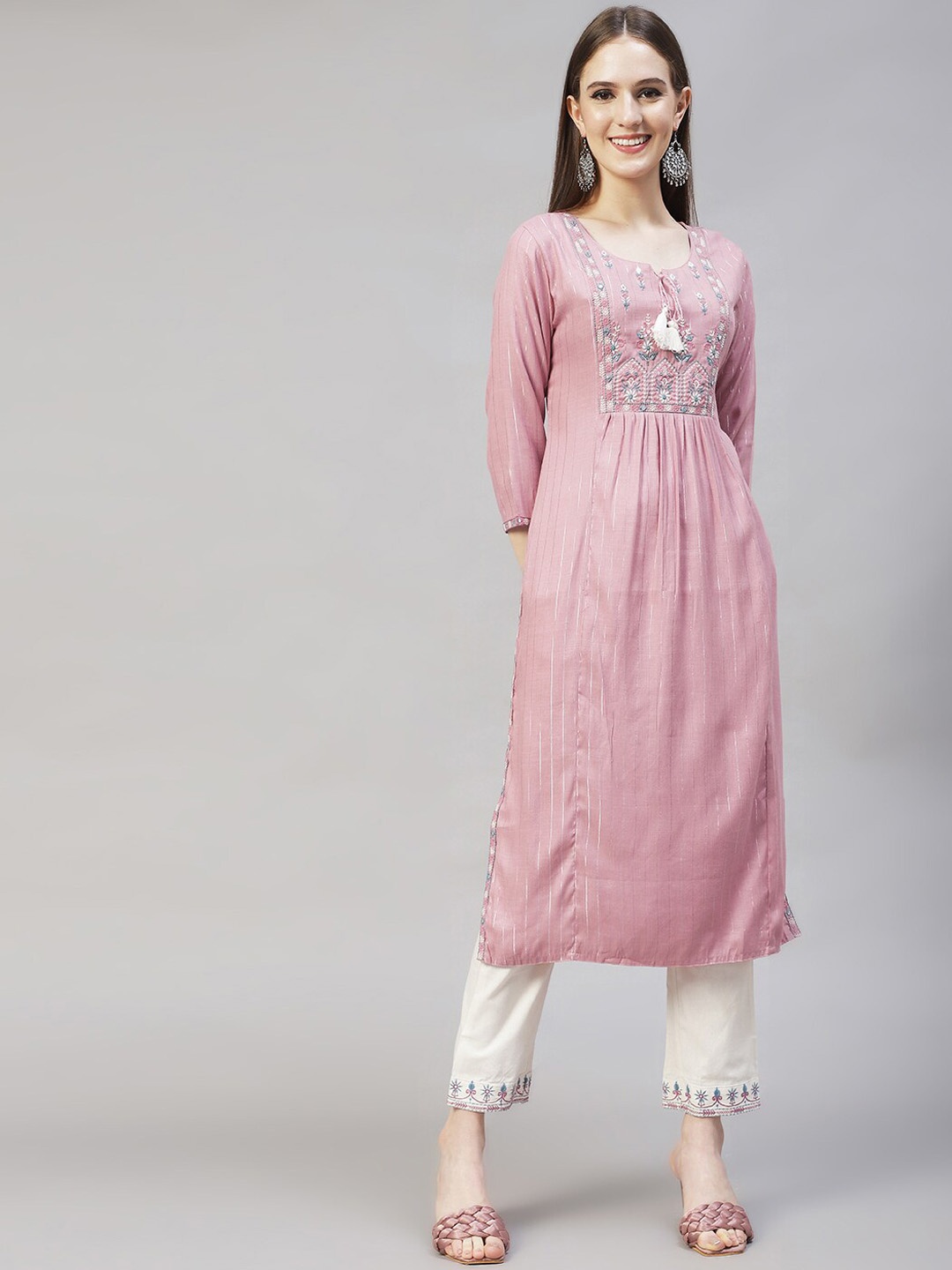 

FASHOR Women Pink Embroidered Empire Mirror Work Kurta with Trousers