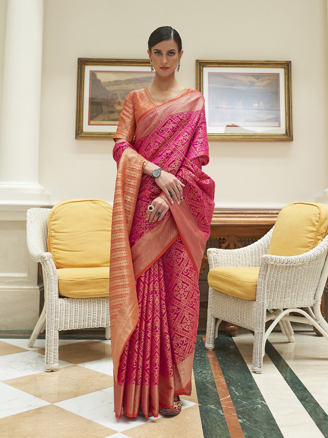 

Mitera Pink & Gold-Toned Ethnic Motifs Zari Patola Saree