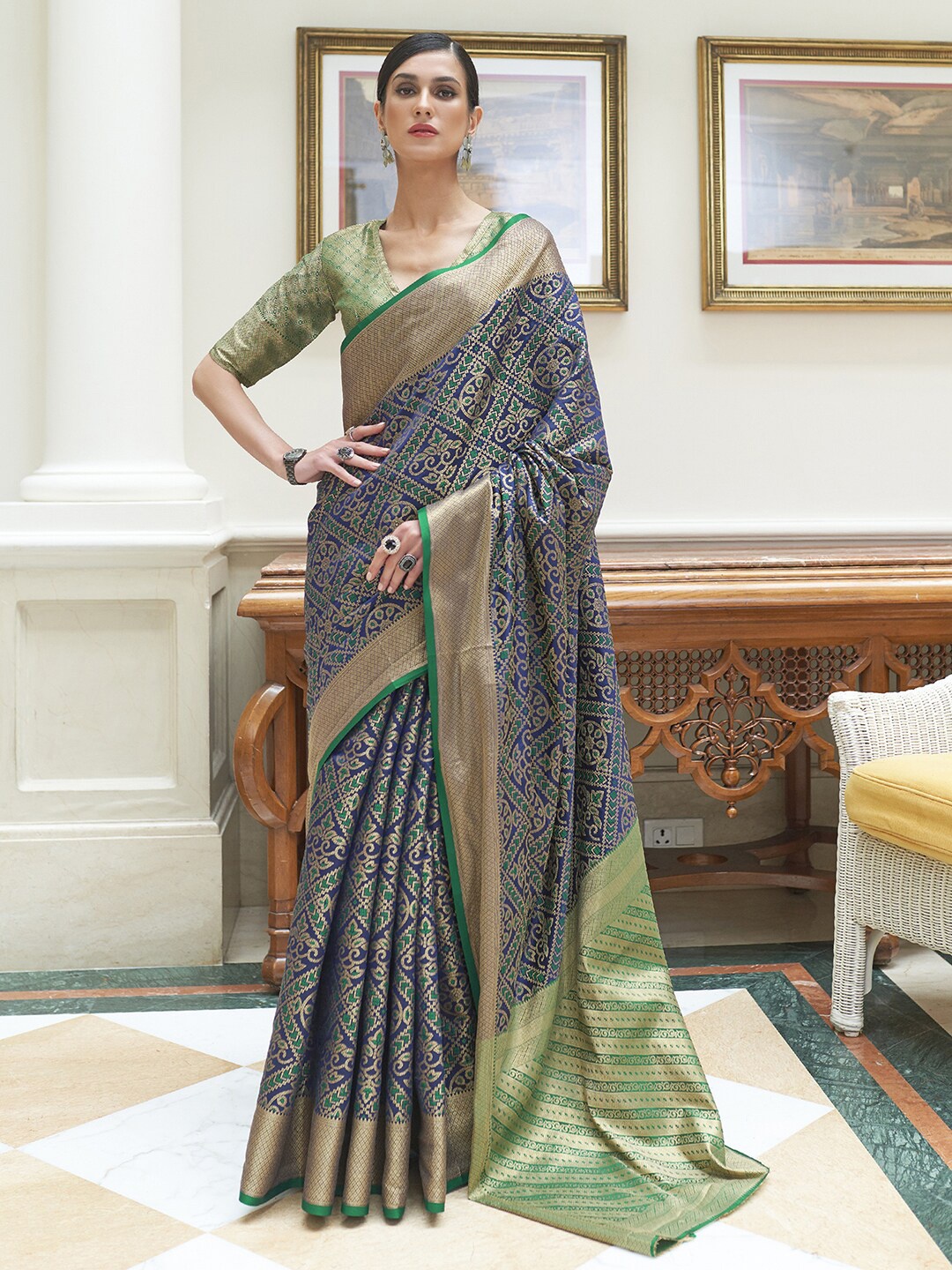 

Mitera Navy Blue & Green Woven Design Zari Patola Saree