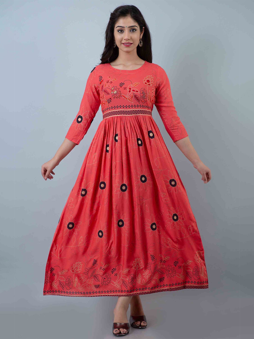 

KALINI Women Peach-Coloured Floral Embroidered Maxi Dress
