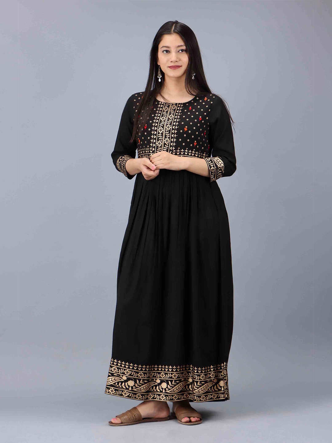 

KALINI Women Black & Gold-Toned Ethnic Motifs Maxi Dress