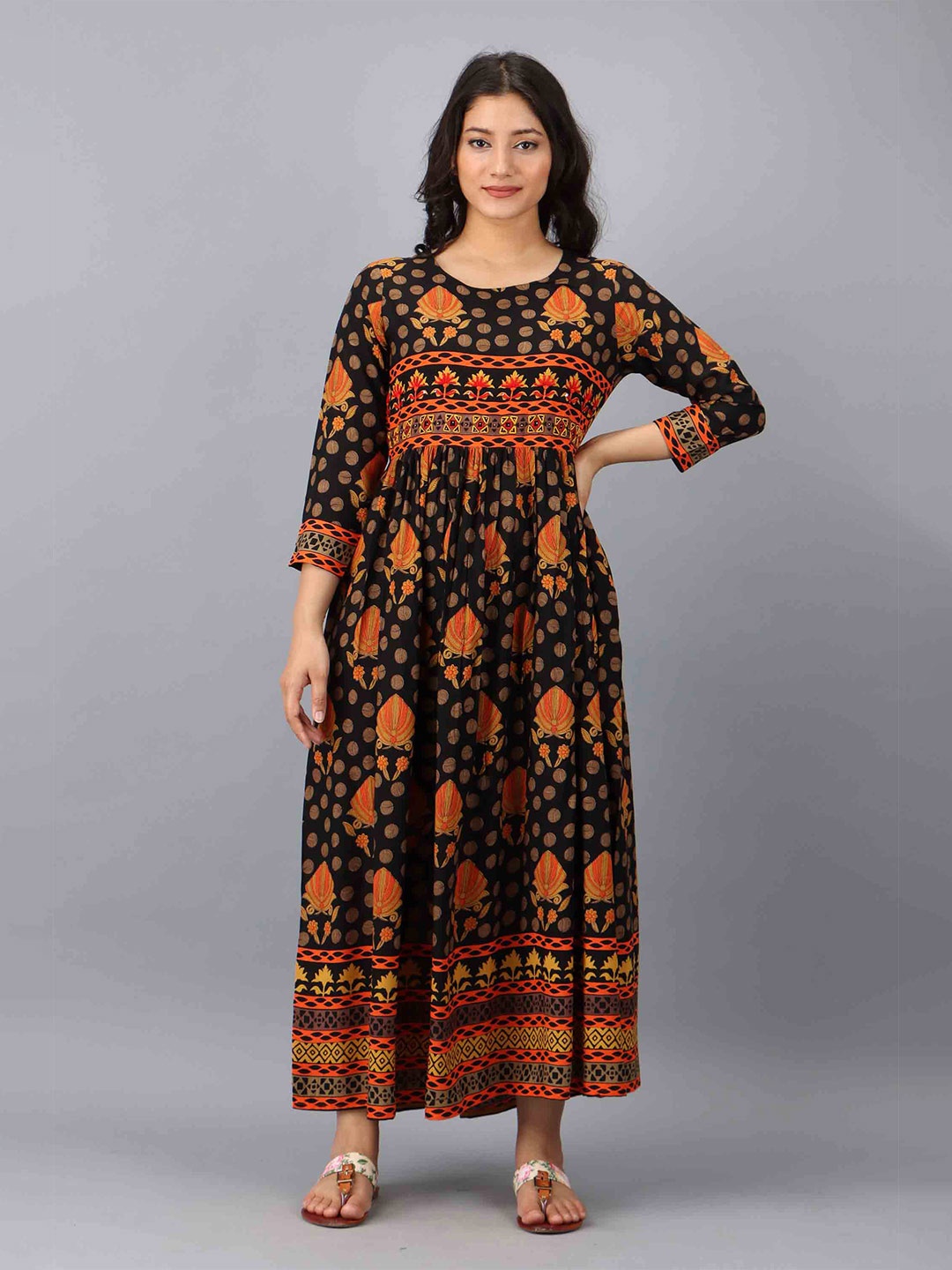 

KALINI Women Black & Orange Ethnic Motifs Maxi Dress