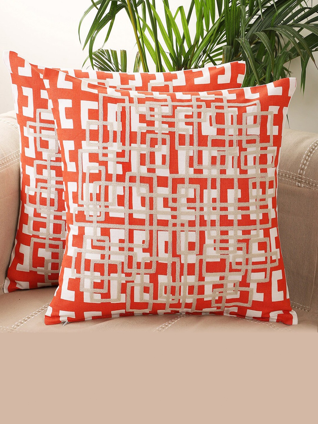 

Jamio Firati Orange & White Set of 2 Embroidered Square Cushion Covers