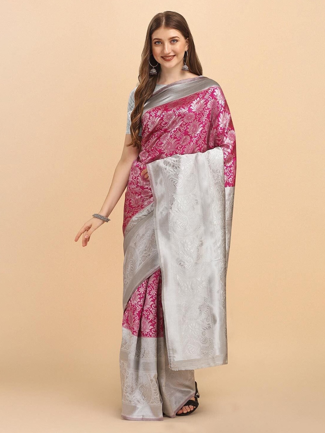 

YOYO Fashion Woman Pink & Silver Saree