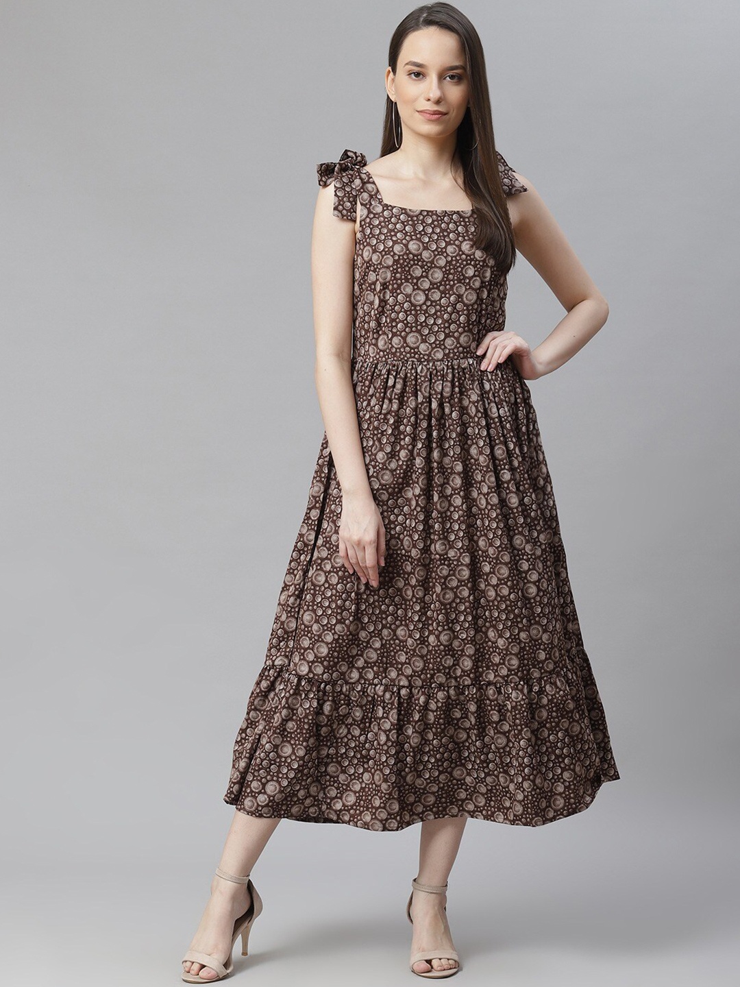 

Cottinfab Women Brown Bubble Print Crepe A-Line Midi Dress