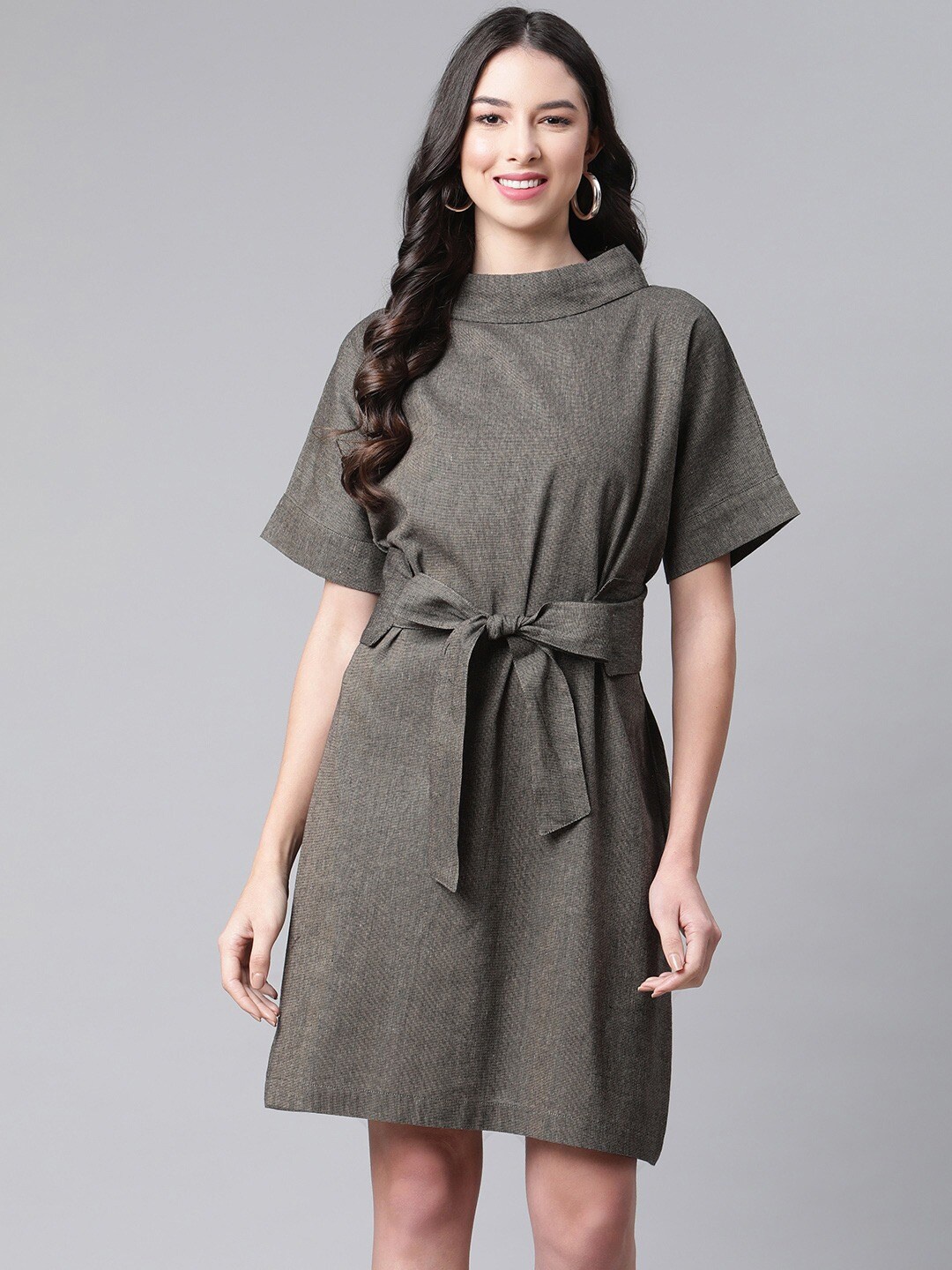 

Cottinfab Women Olive Green Solid A-Line Midi Dress