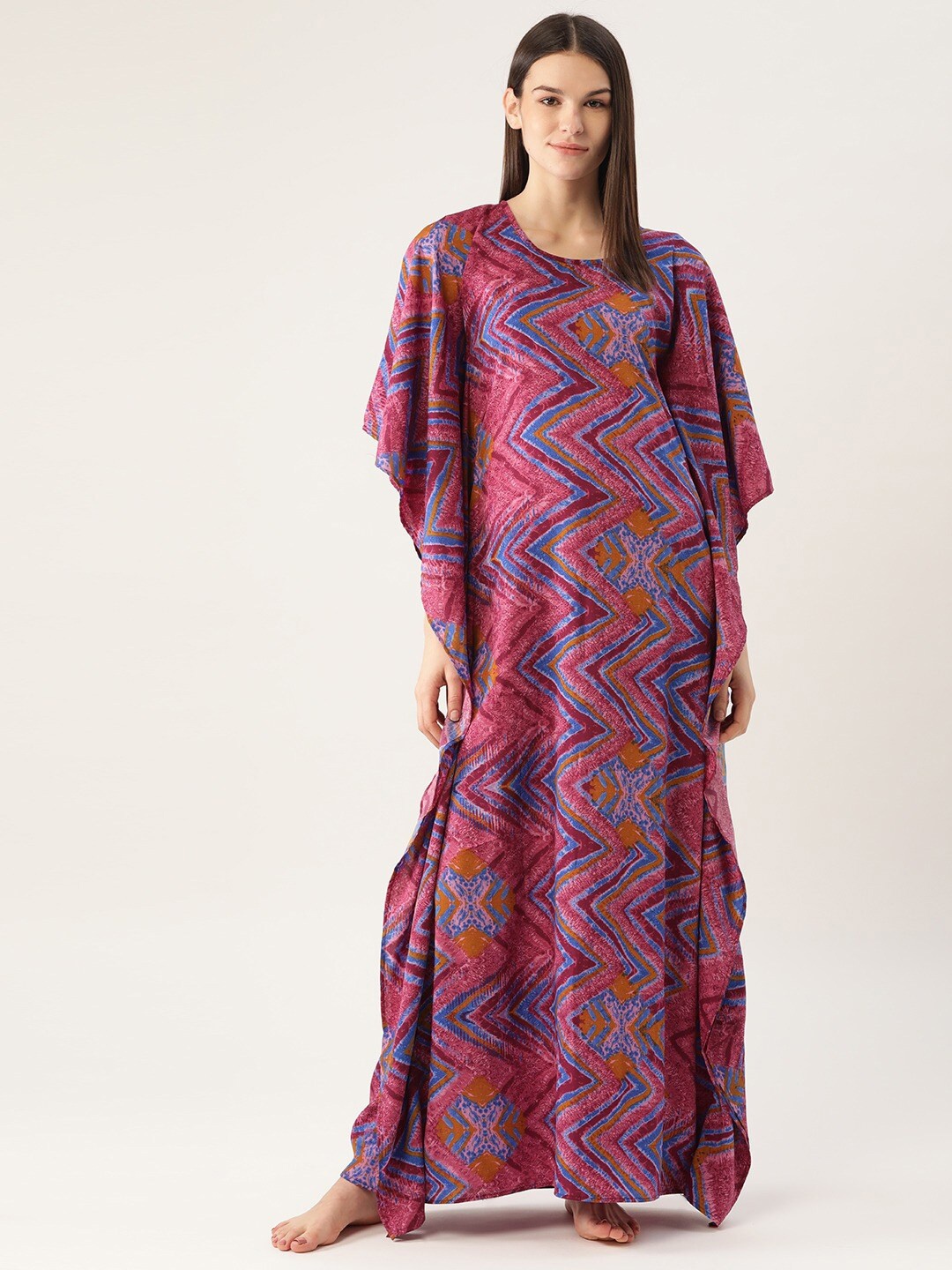 

Cottinfab Women Pink Zig Zag Stripes Print Crepe Kaftan Maxi Dress