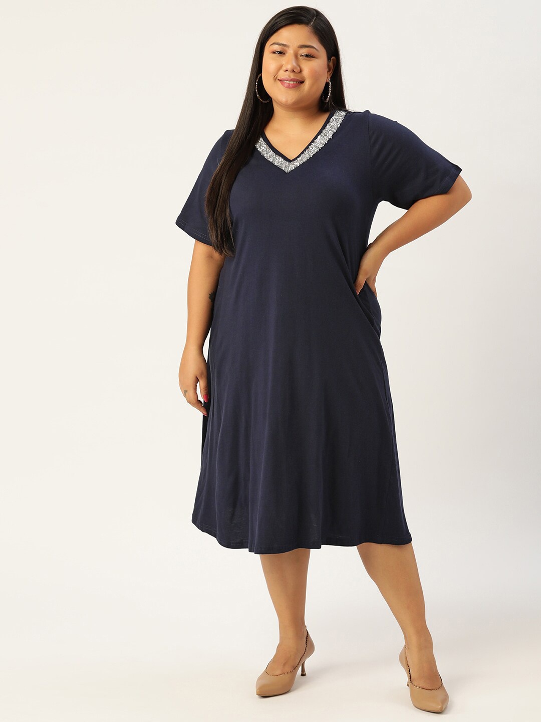 

theRebelinme Navy Blue A-Line Midi Dress