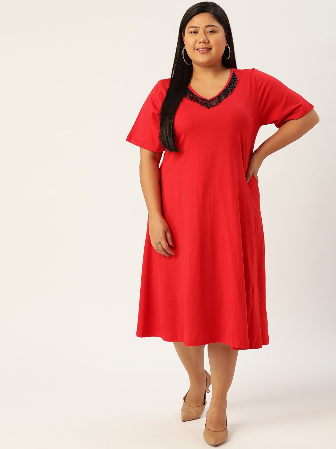 

theRebelinme Plus Size Women Red A-Line Midi Dress