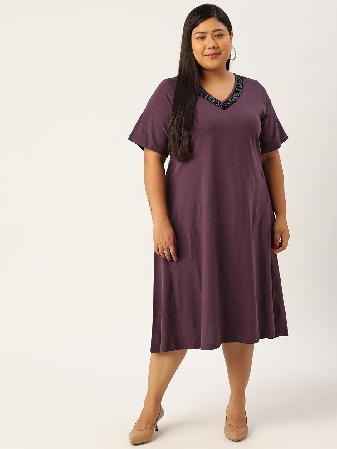 

theRebelinme Women's Purple A-Line Midi Plus Size Dress