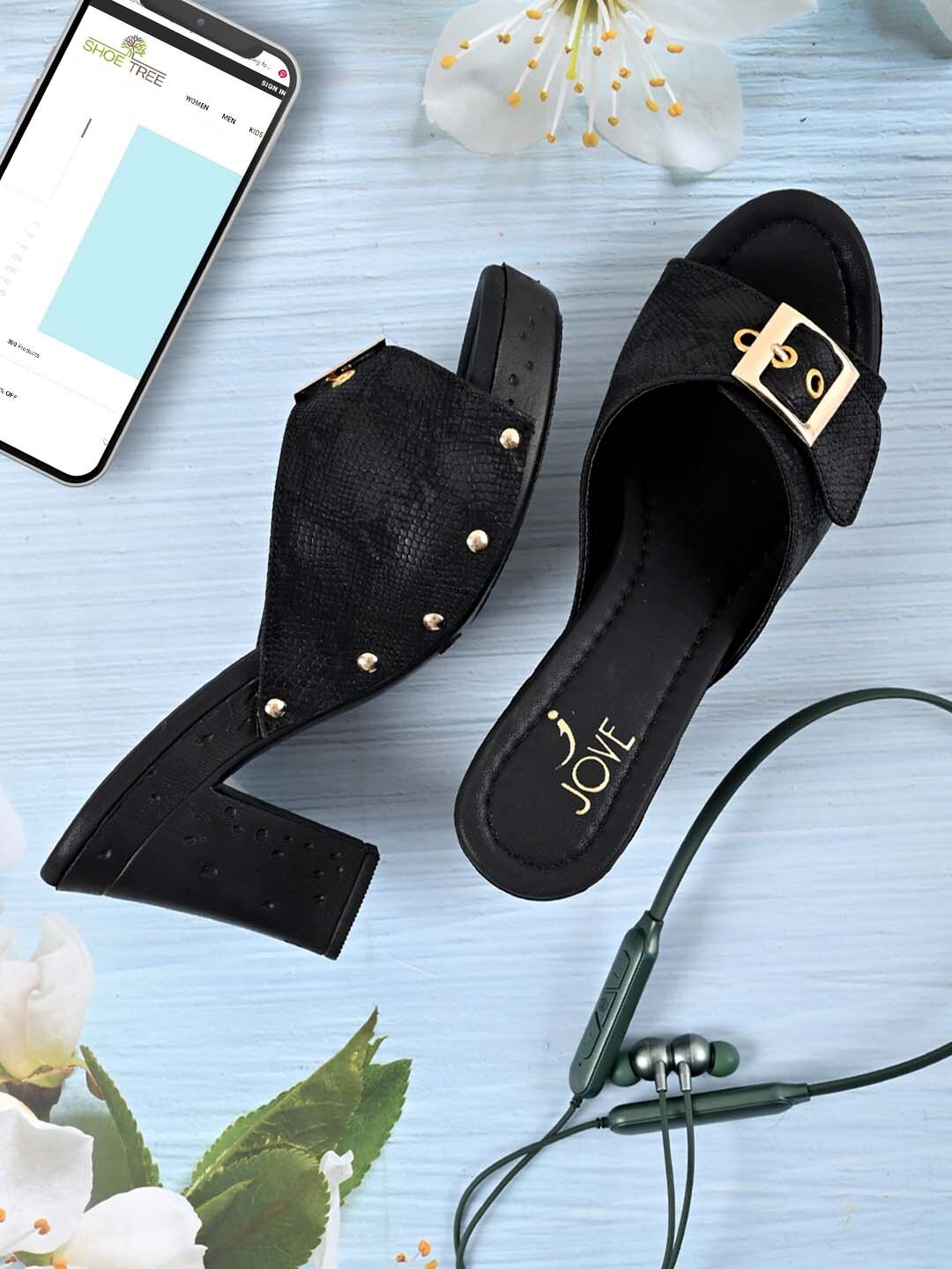 

Jove Black & Gold-Toned Block Heels With Buckle