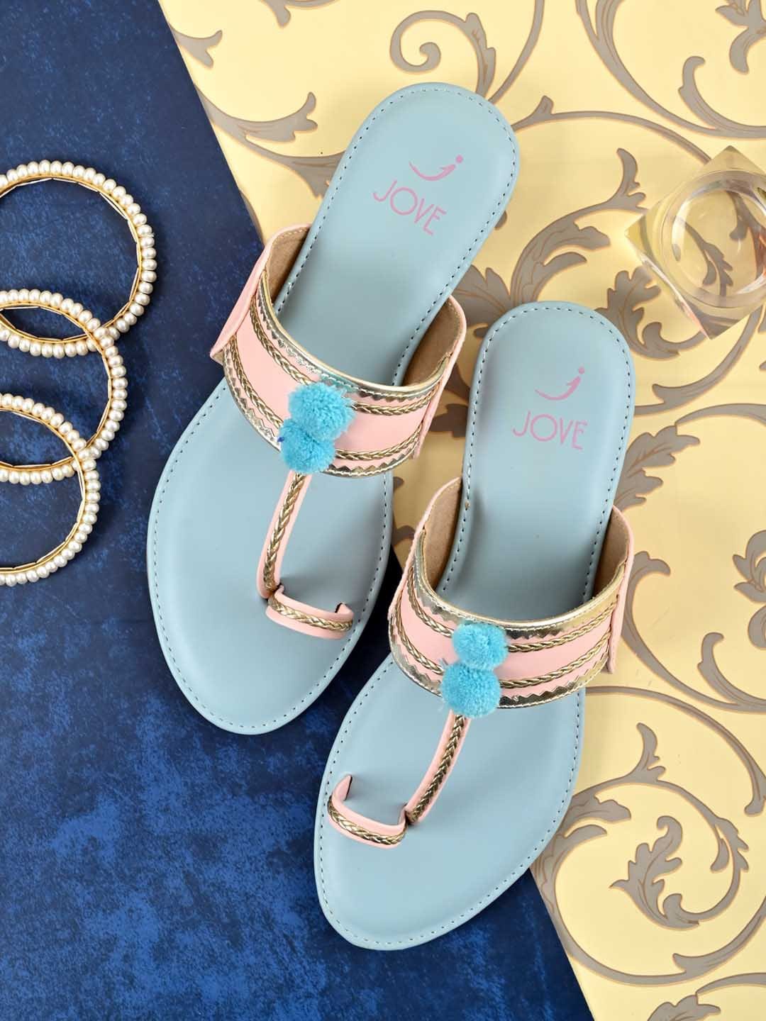 

Jove Women Pink & Blue Solid Ethnic One Toe Flats