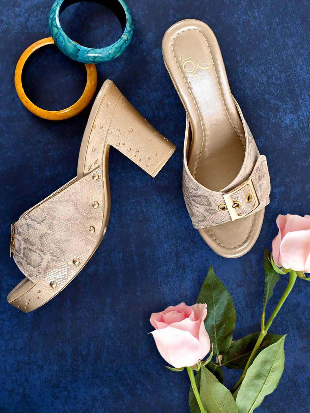 

Jove Beige Printed Block Heels with Buckles