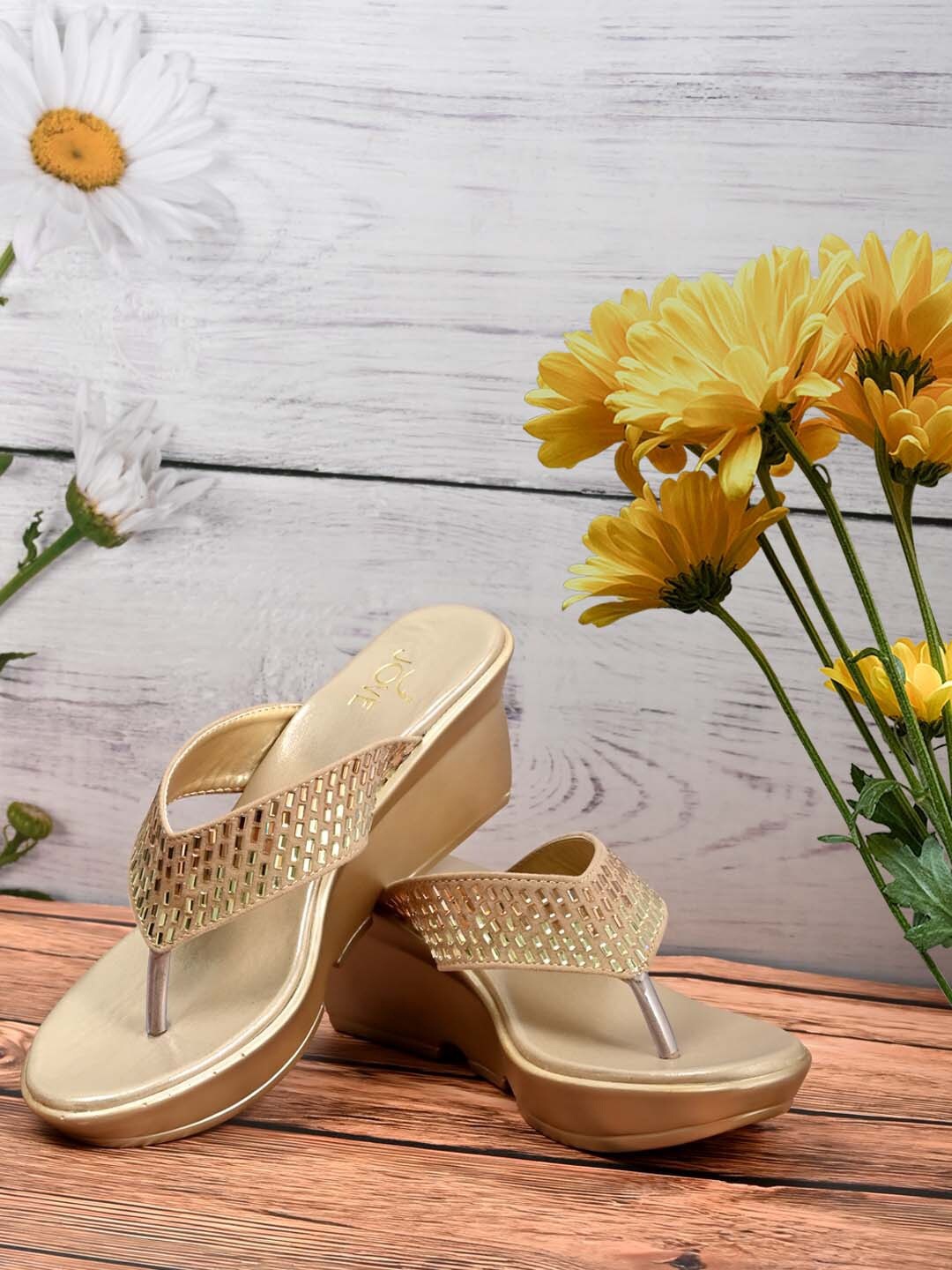 

Jove Gold-Toned Embellished Ethnic Wedge Heels