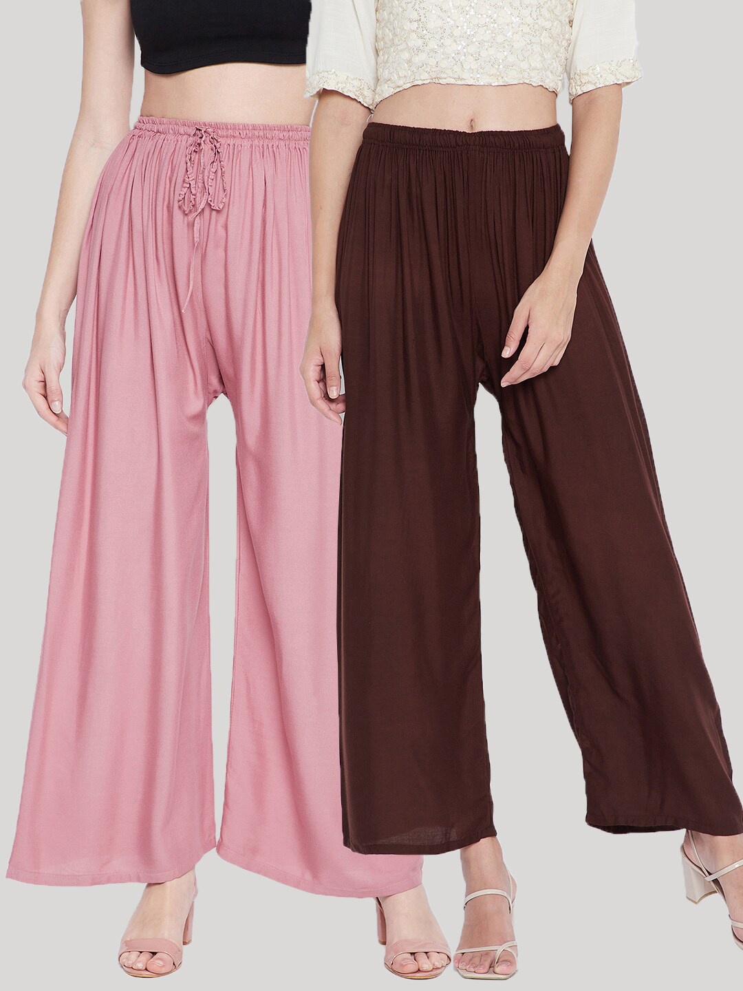 

Clora Creation Women Pack Of 2 Coffee Brown & Pink Flared Palazzos